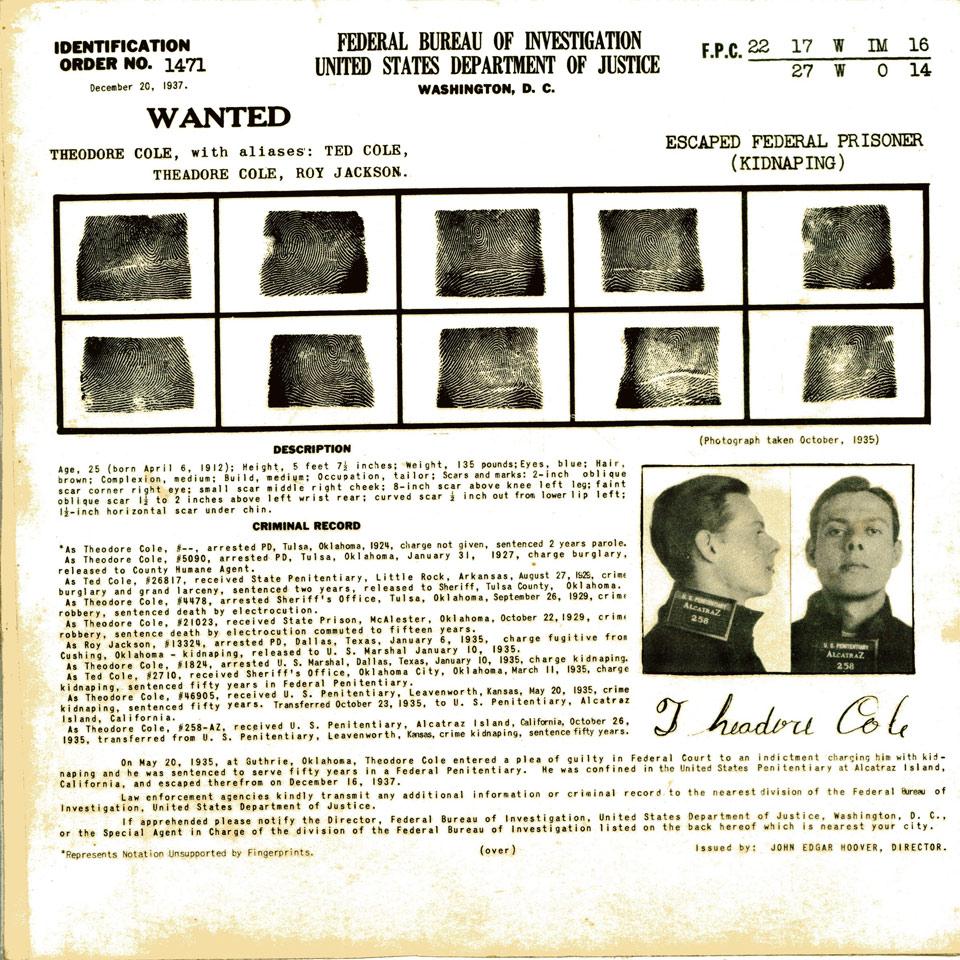 Theodore Cole, Federal Bureau of Investigation, United States Department of Justice Wanted Poster, 1937