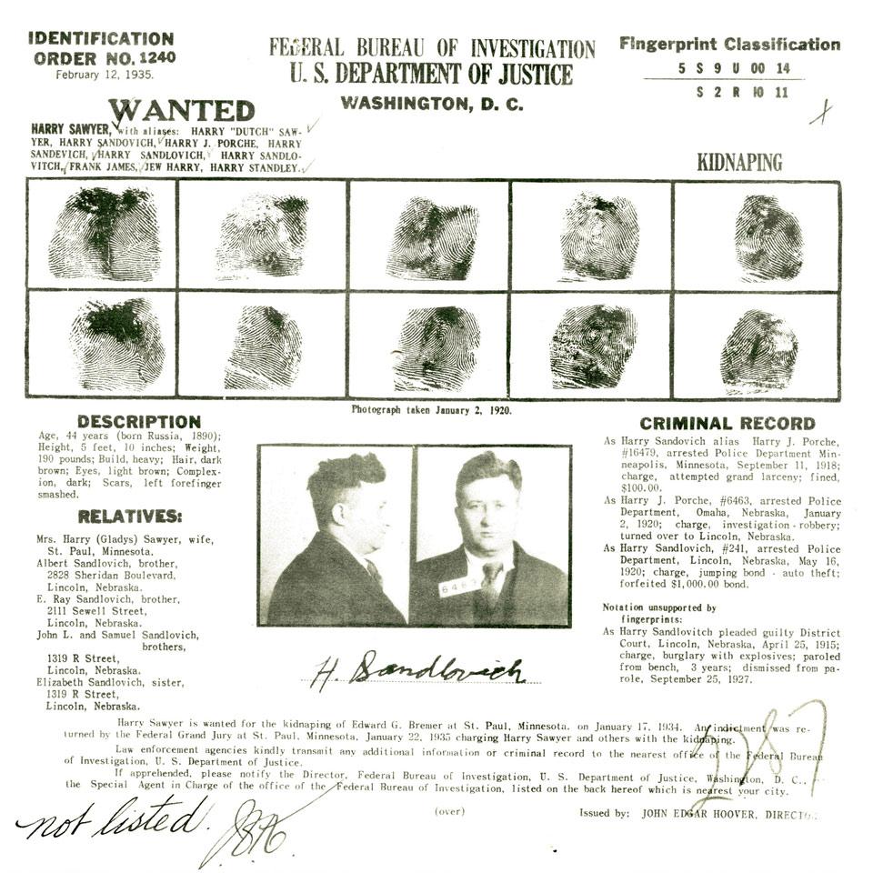 Harry ‘Dutch’ Sawyer, Federal Bureau of Investigation, U. S. Department of Justice Wanted Poster, 1935