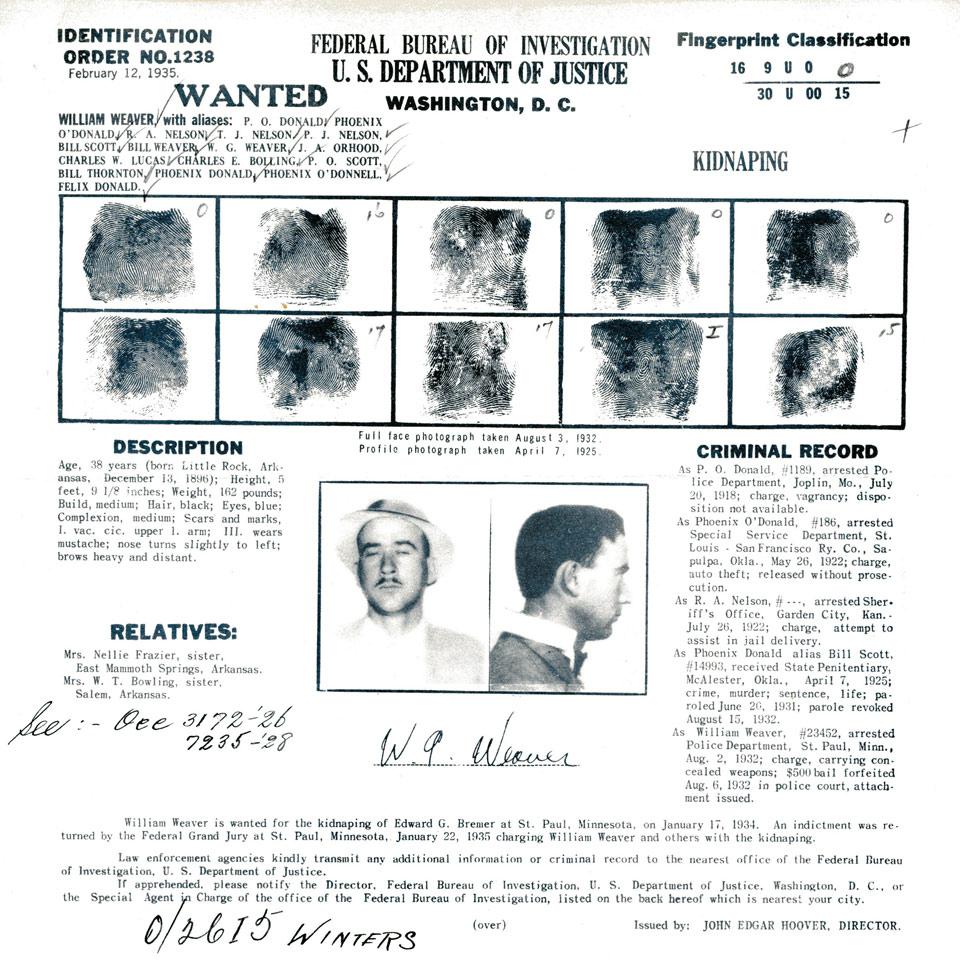 William Weaver, Federal Bureau of Investigation, U. S. Department of Justice Wanted Poster, 1935
