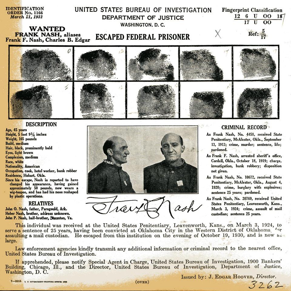 Frank Nash, United States Bureau of Investigation, Department of Justice Wanted Poster, 1932