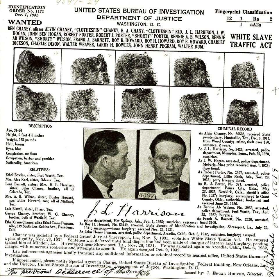 Group of Seven United States Bureau of Investigation, Department of Justice Wanted Posters, 1932-7