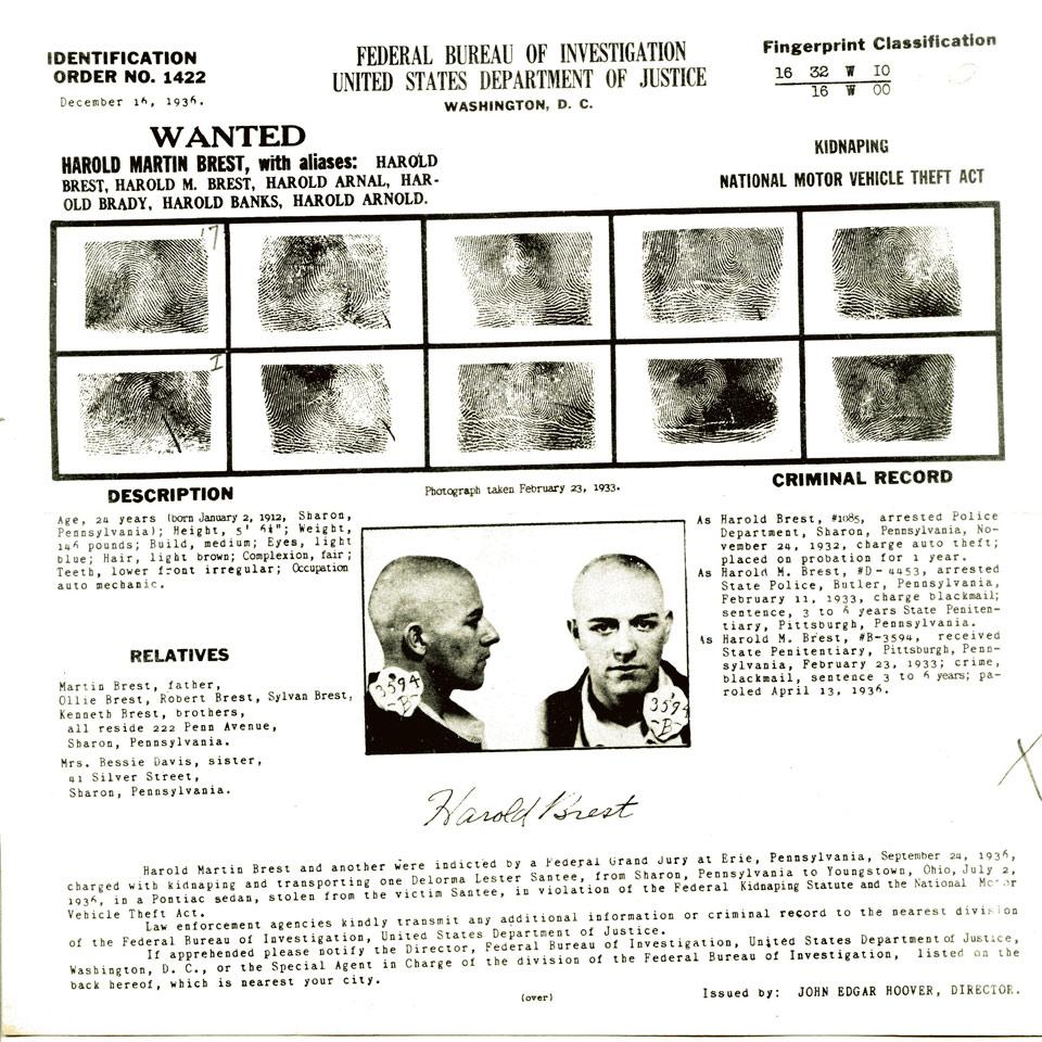 Harold Martin Brest, Federal Bureau of Investigation, United States Department of Justice Wanted Poster, 1936