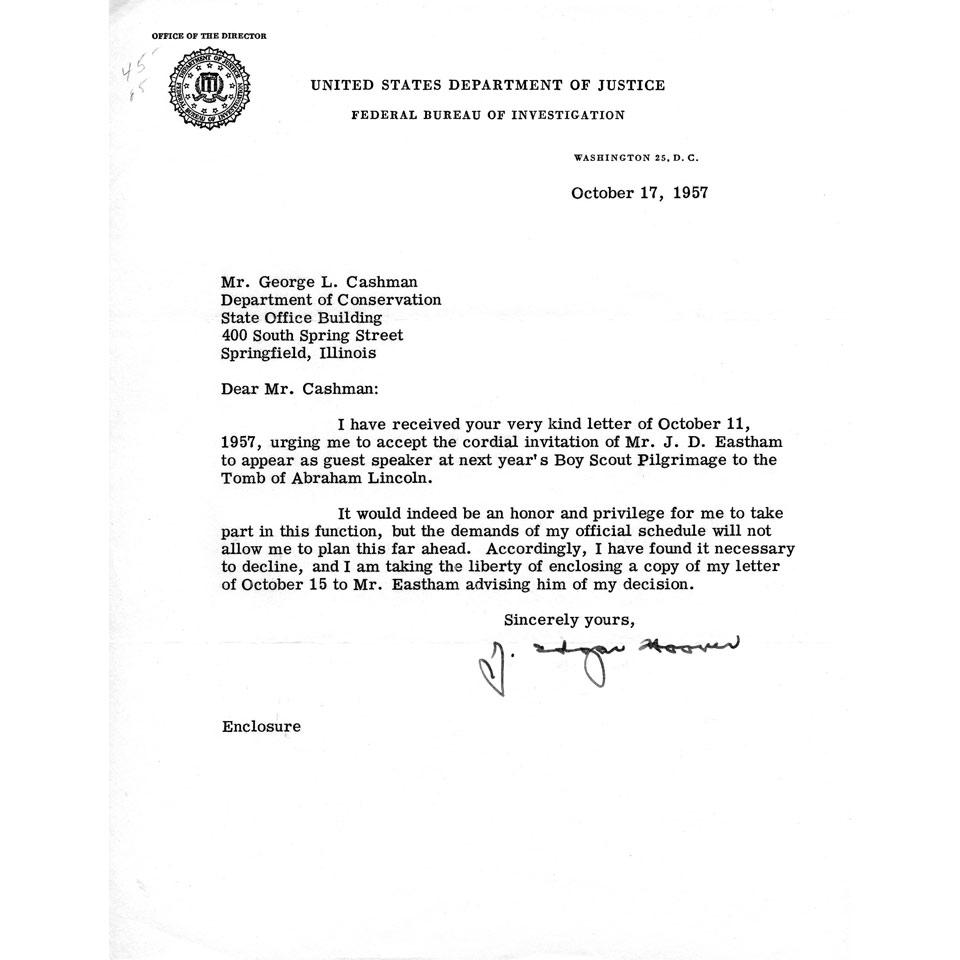 J. Edgar Hoover Signed Letter