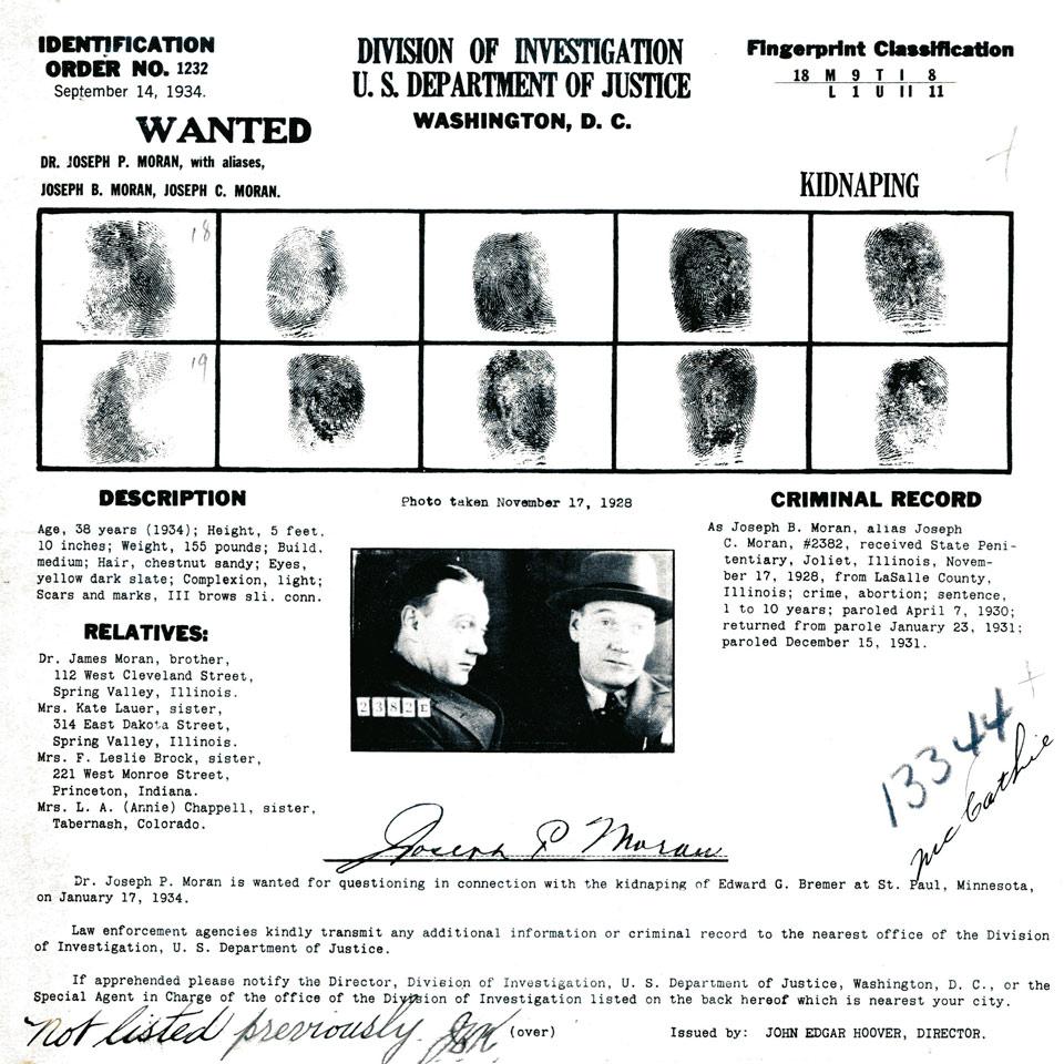 Dr. Joseph P. Moran, Division of Investigation, U. S. Department of Justice Wanted Poster, 1934