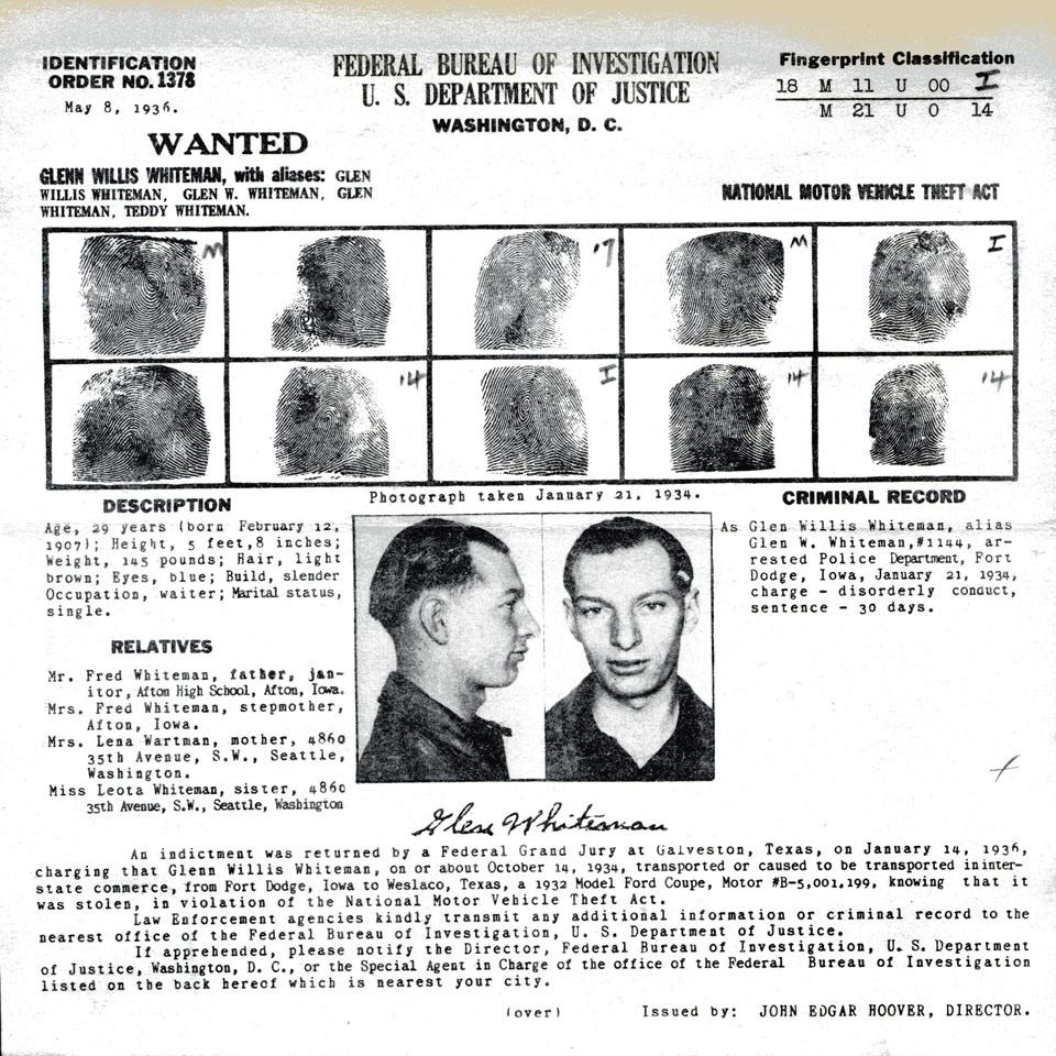 Group of Seven Federal Bureau of Investigation, U. S. Department of Justice Wanted Posters, 1936