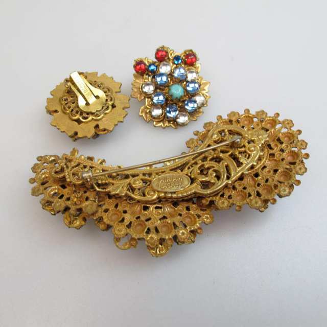 Miriam Haskell Gold Tone Metal Brooch And Button Earrings