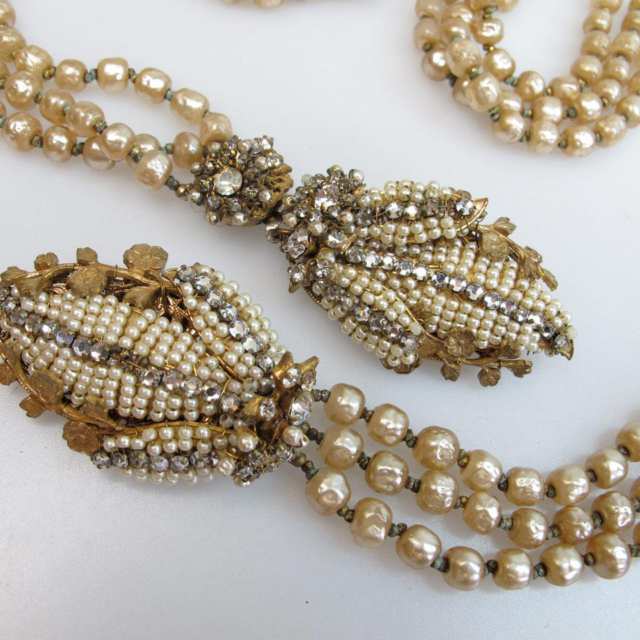 Miriam Haskell Triple Strand Faux Pearl Necklace