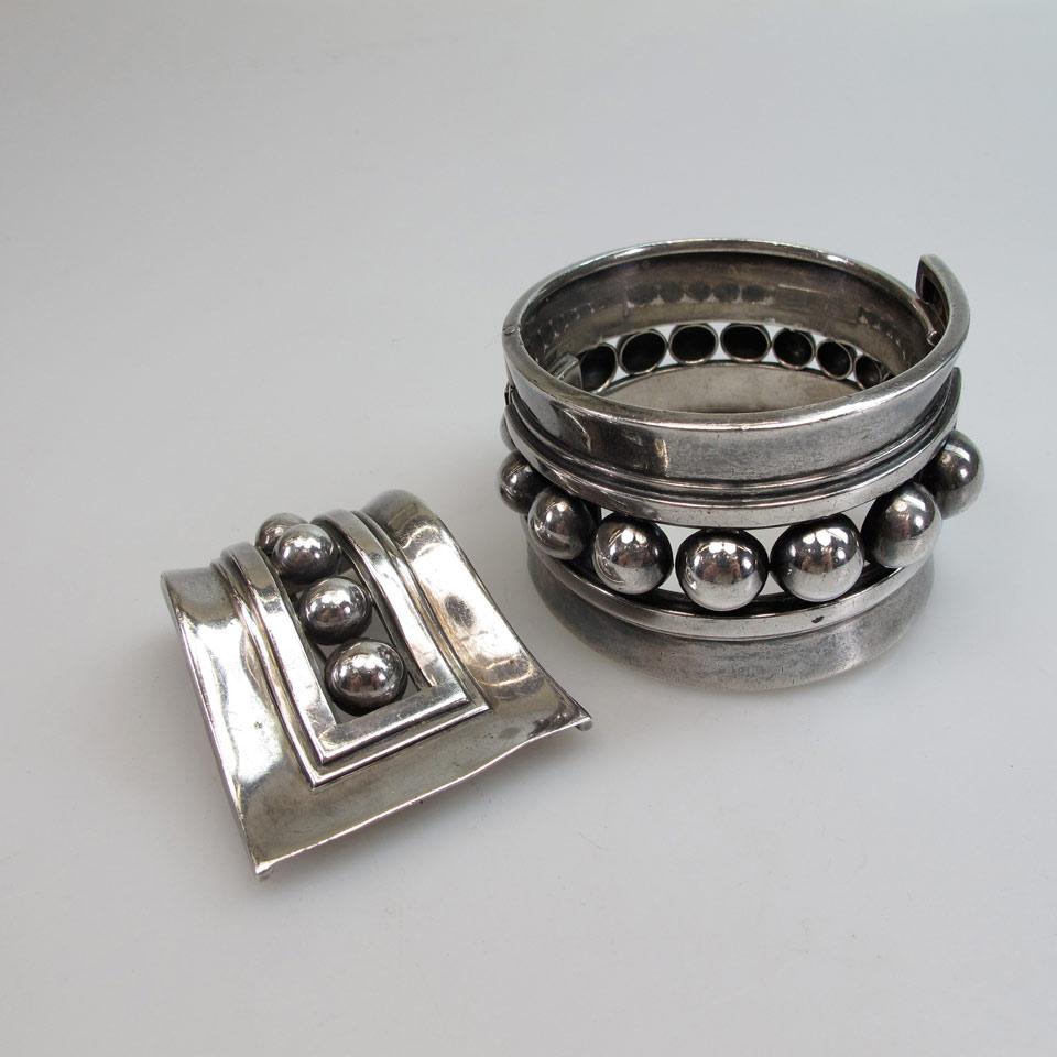 Margot Van Voorhies Carr Mexican Sterling Silver Spring Hinged Bangle With Matching Brooch