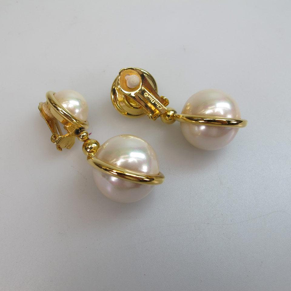 Pair Of Christian Dior Gold Tone Metal Drop Earrings