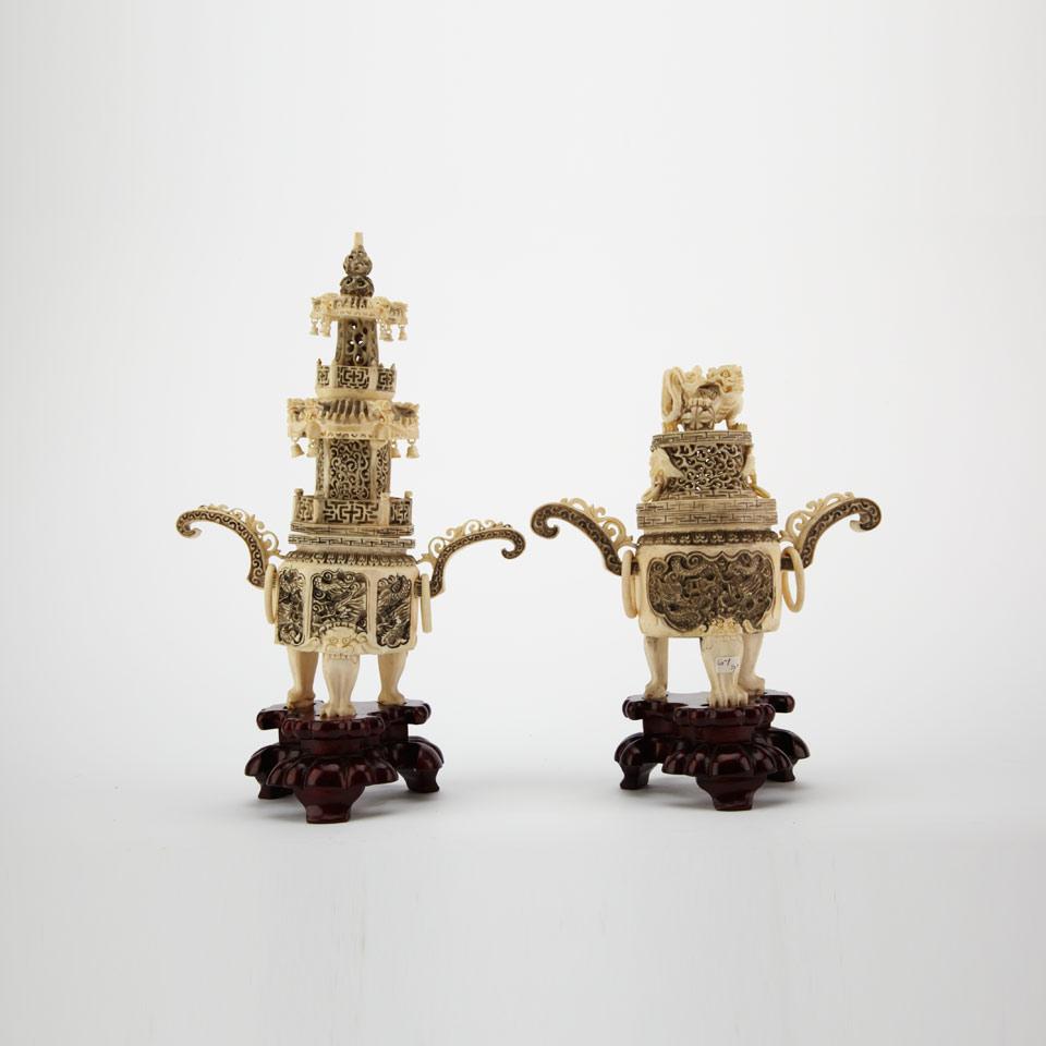 Two Ivory Carved Tripod Incense Burners