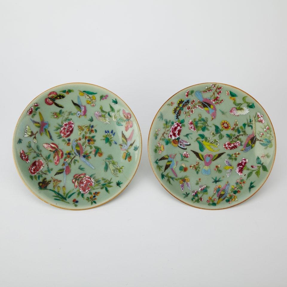 Two Export Famille Rose Celadon Plates, 19th Century