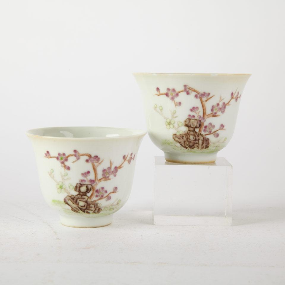 Pair of Famille Rose Prunus Cups, Shengde Tang Mark