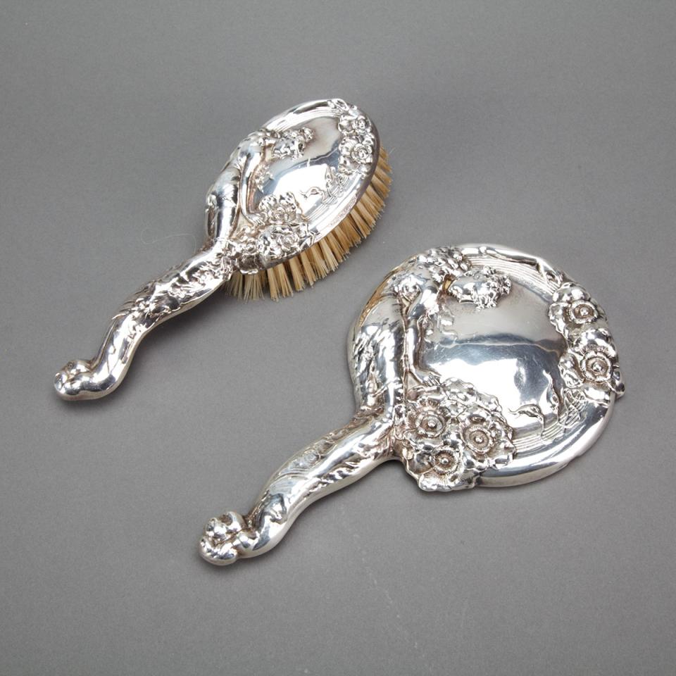 Canadian Art Nouveau Silver Hair Brush and Hand Mirror, Roden Bros., Toronto, Ont., early 20th century