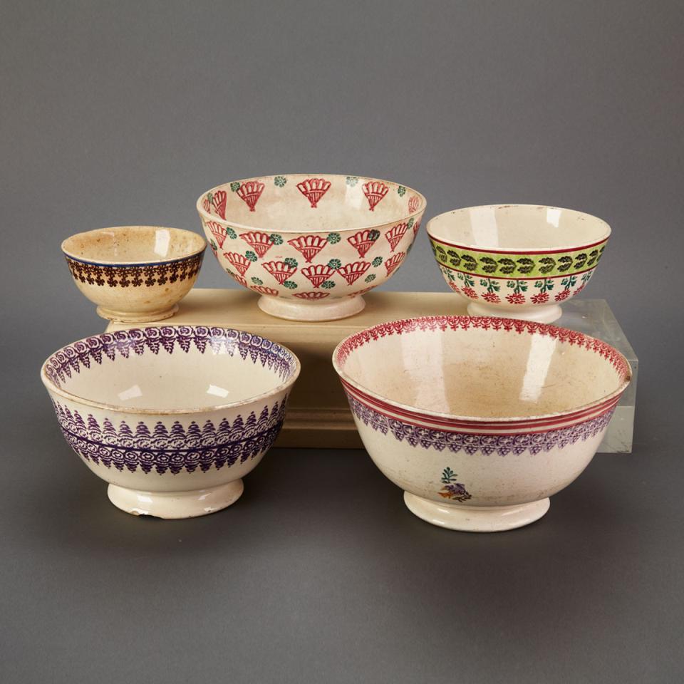 Group of Five Port Neuf Pottery Bowls, 19th century
