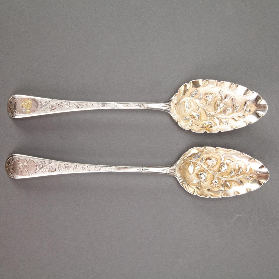 Pair of George III Silver Engraved Old English Pattern Berry Spoons, Peter & William Bateman, London, 1811
