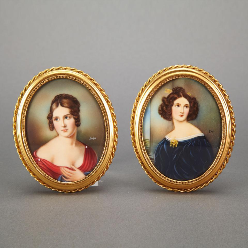 Pair of French School Miniature Portrait Ovals, mid 20th century