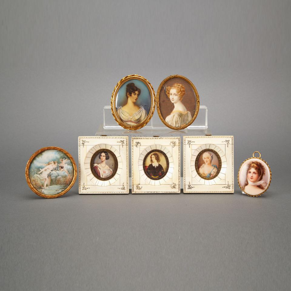 Group of Seven French School Miniature Portraits, 19th/20th centuries