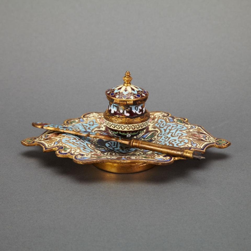 French Champlevé Enamelled Gilt Bronze Inkstand and Quill for the Turkish Market, 19th century