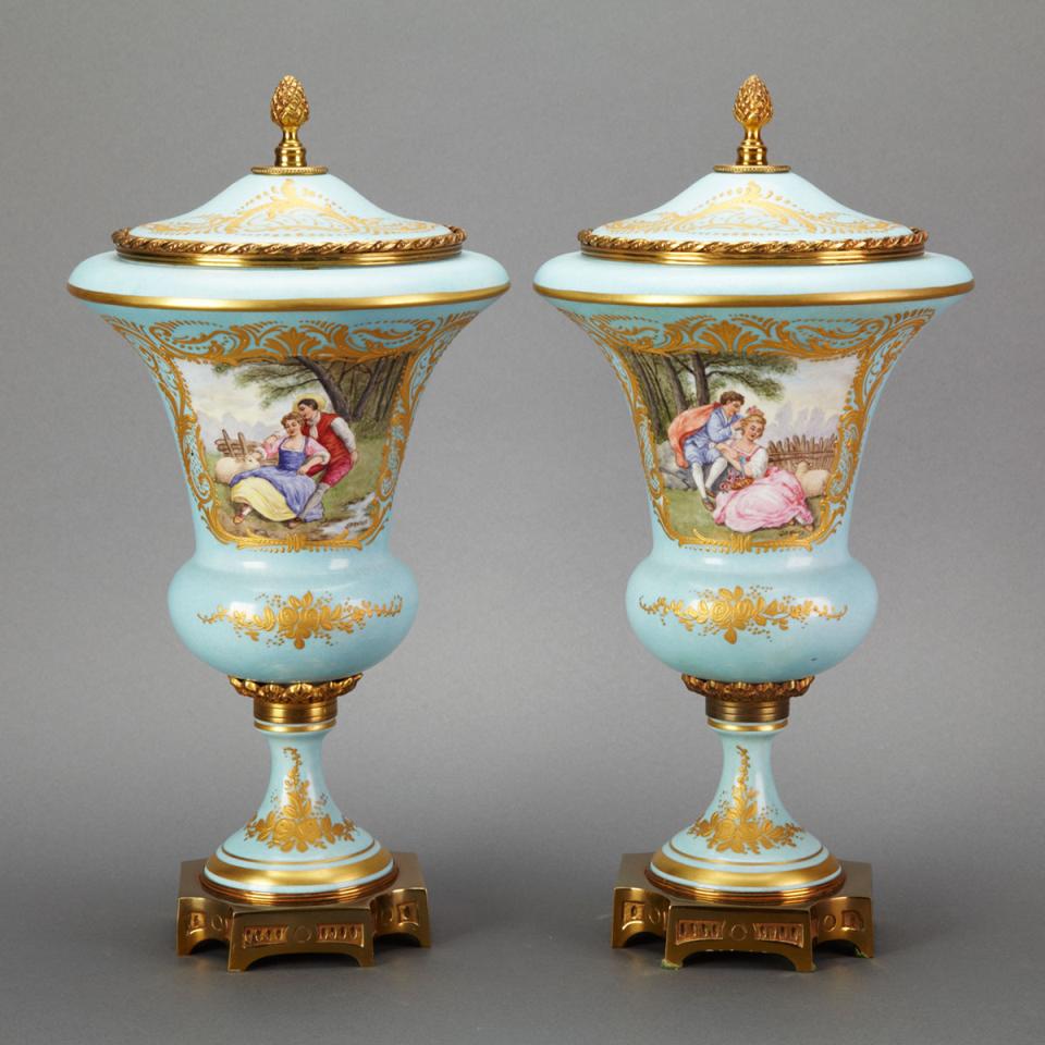 Pair of Ormolu Mounted ‘Sèvres’ Porcelain Mantle Urns, mid 20th century