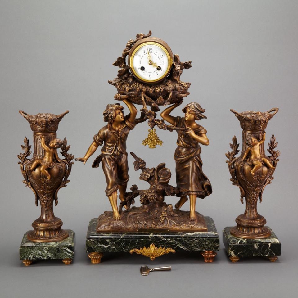 French White Metal Figural Mantle Clock Garniture, late 19th century