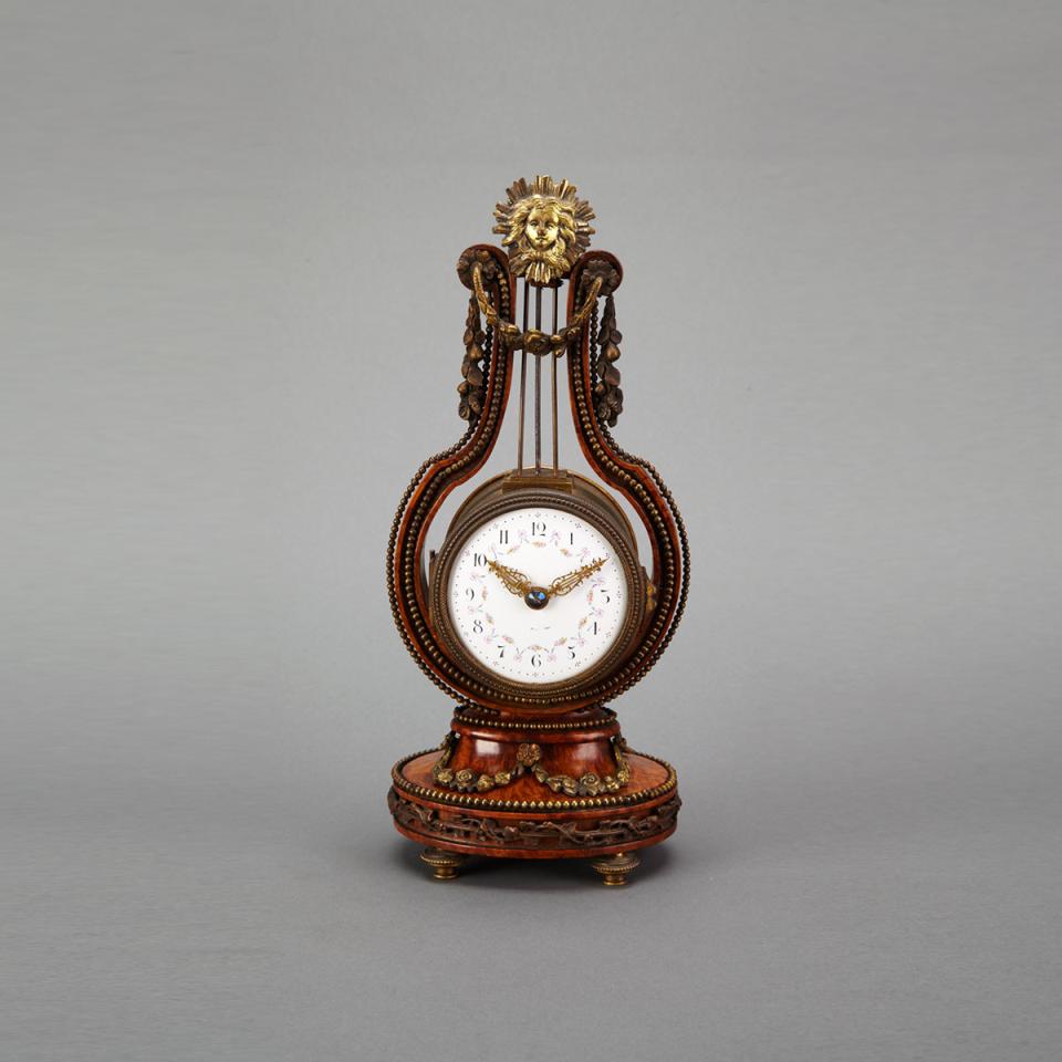 French Ormolu Mounted Burl Walnut Lyre Form Table Clock, c.1900