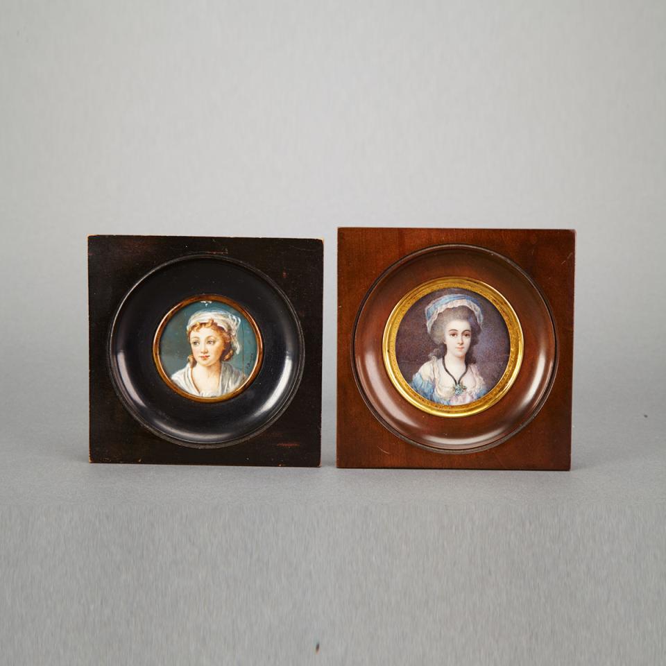 Two French Portrait Miniatures of Young Women, late 19th century