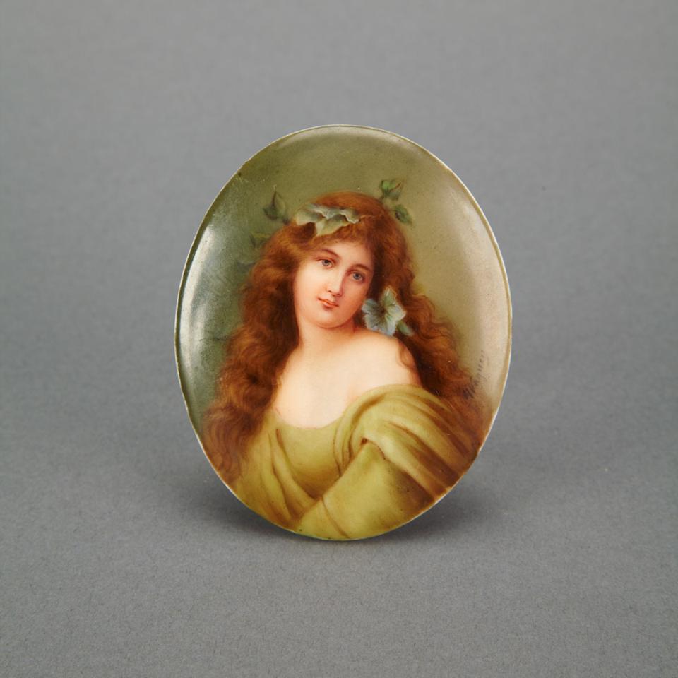 Dresden Small Oval Plaque of ‘Winter’, signed Wagner, c.1900