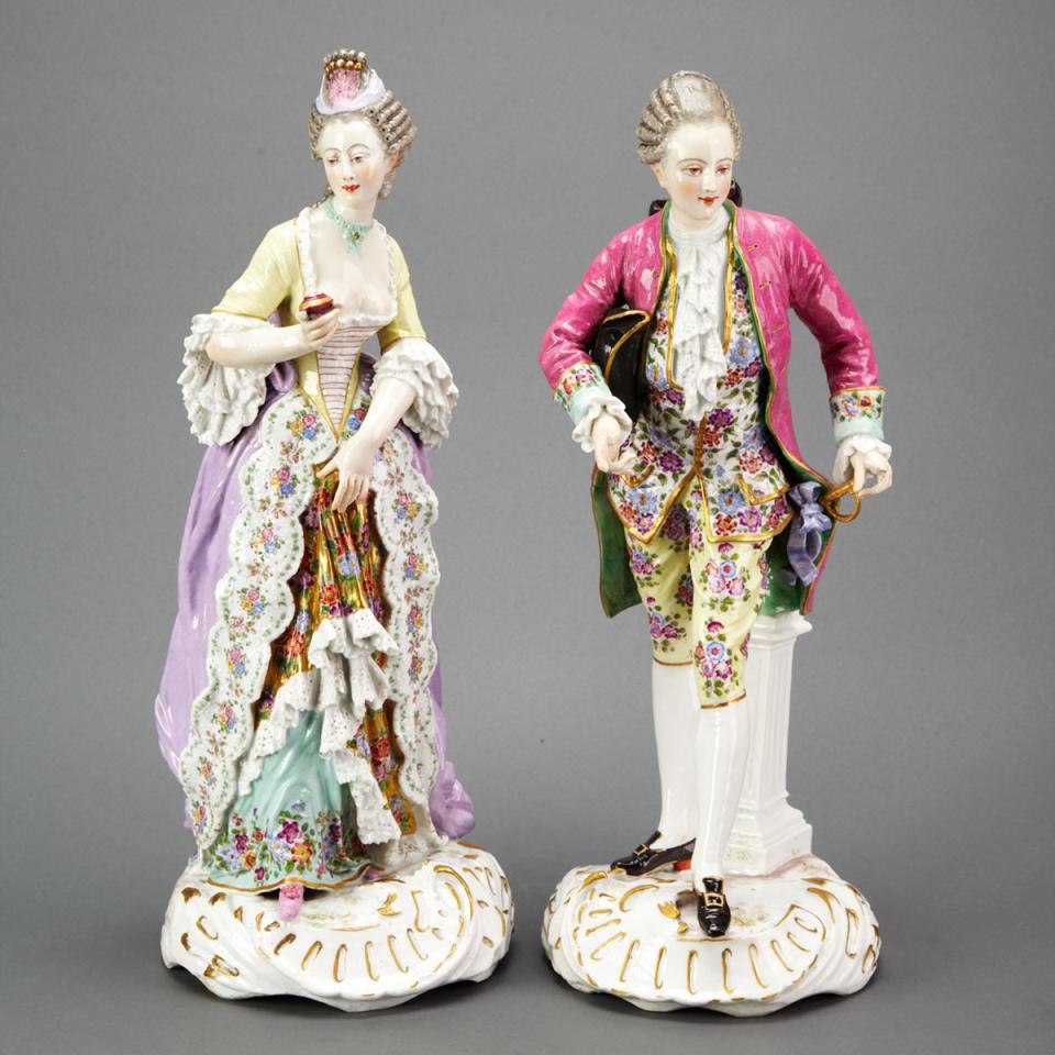 Pair of German Porcelain Figures of a Period-Costumed Lady and Gallant, late 19th century