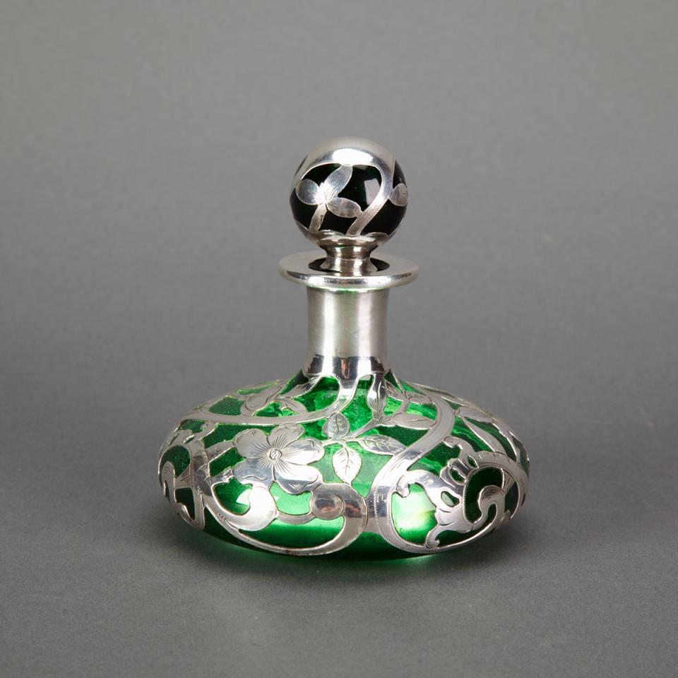 American Engraved Silver Overlaid Green Glass Perfume Bottle, Gorham Mfg. Co., Providence, R.I., c.1900