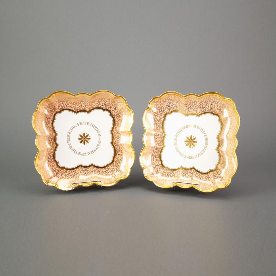 Pair of Barr, Flight & Barr Worcester Apricot and Gilt Banded Shaped Square Dishes, c.1810-13