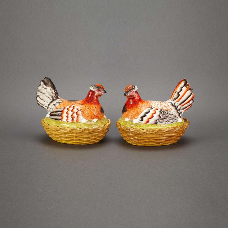 Two Staffordshire Pottery Nesting Hen Form Covered Baskets, 19th century