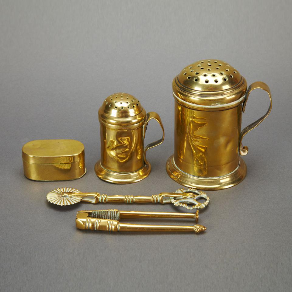 Group of Five Georgian Brass Kitchen Utensils, 18th/19th century