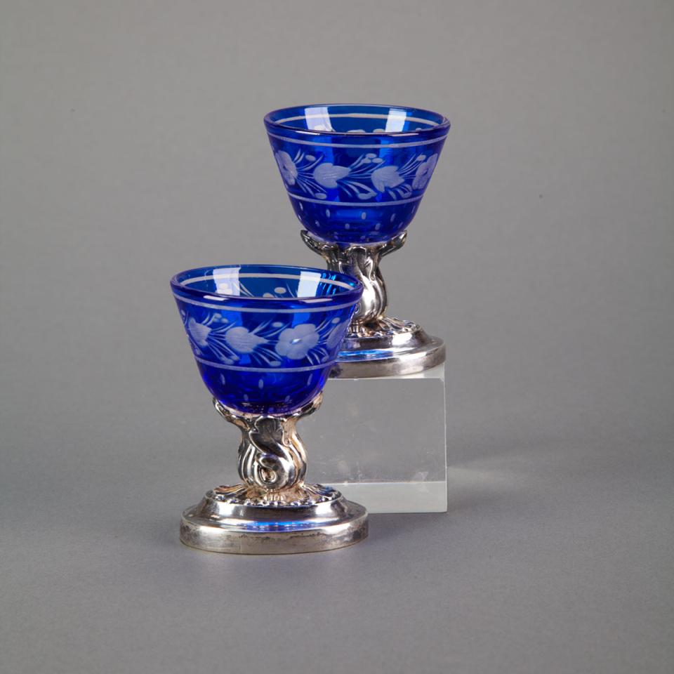 Pair of French Silver Mounted Blue Overlaid Glass Salt Cellars, L. Dupré, Paris, late 19th century