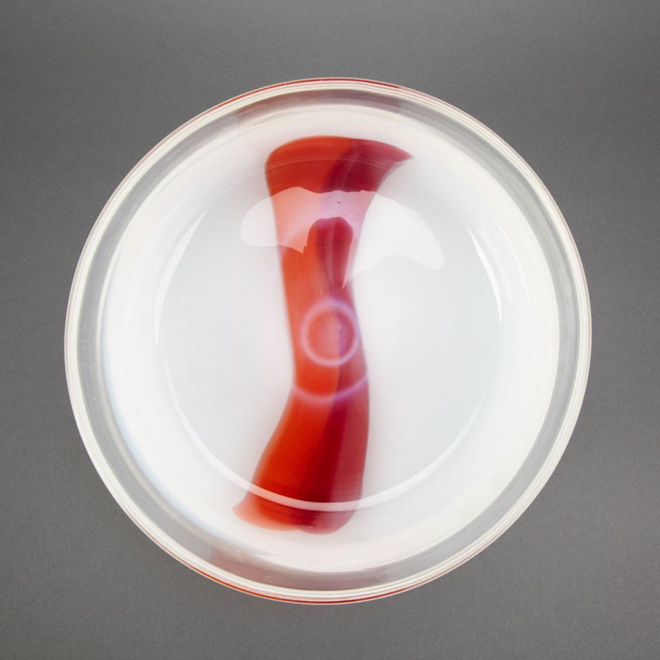 Murano Opaque White, Orange and Red Glass Bowl, c.1980