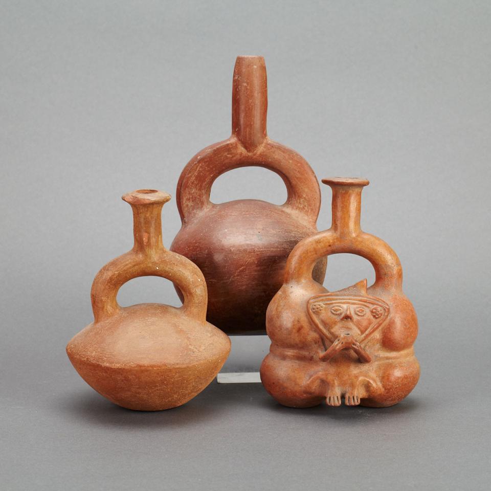 Group of Three Pre-Columbian Moche Red Pottery Stirrup Vessels, Peru