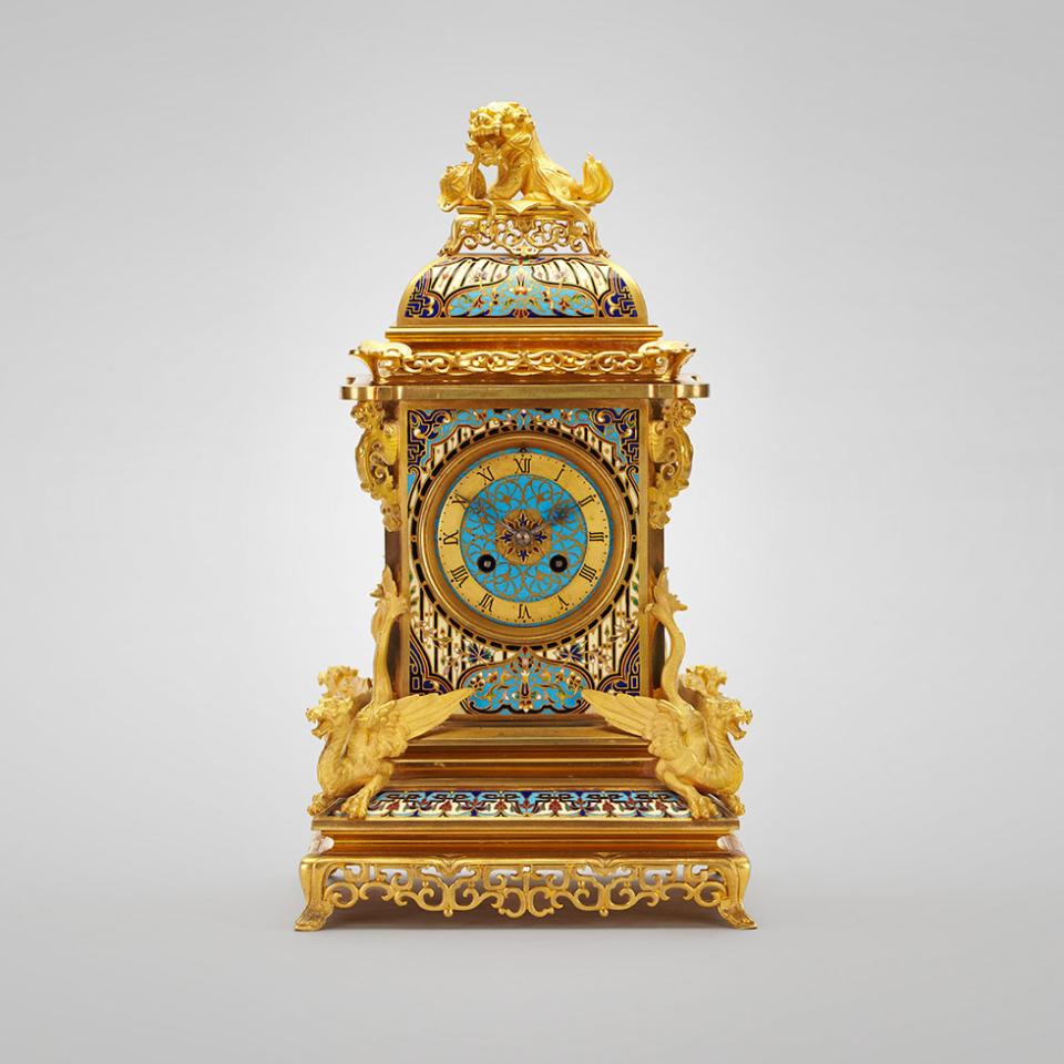 French Chinoiserie Champleve Enamelled Gilt Bronze Table Clock, c.1890