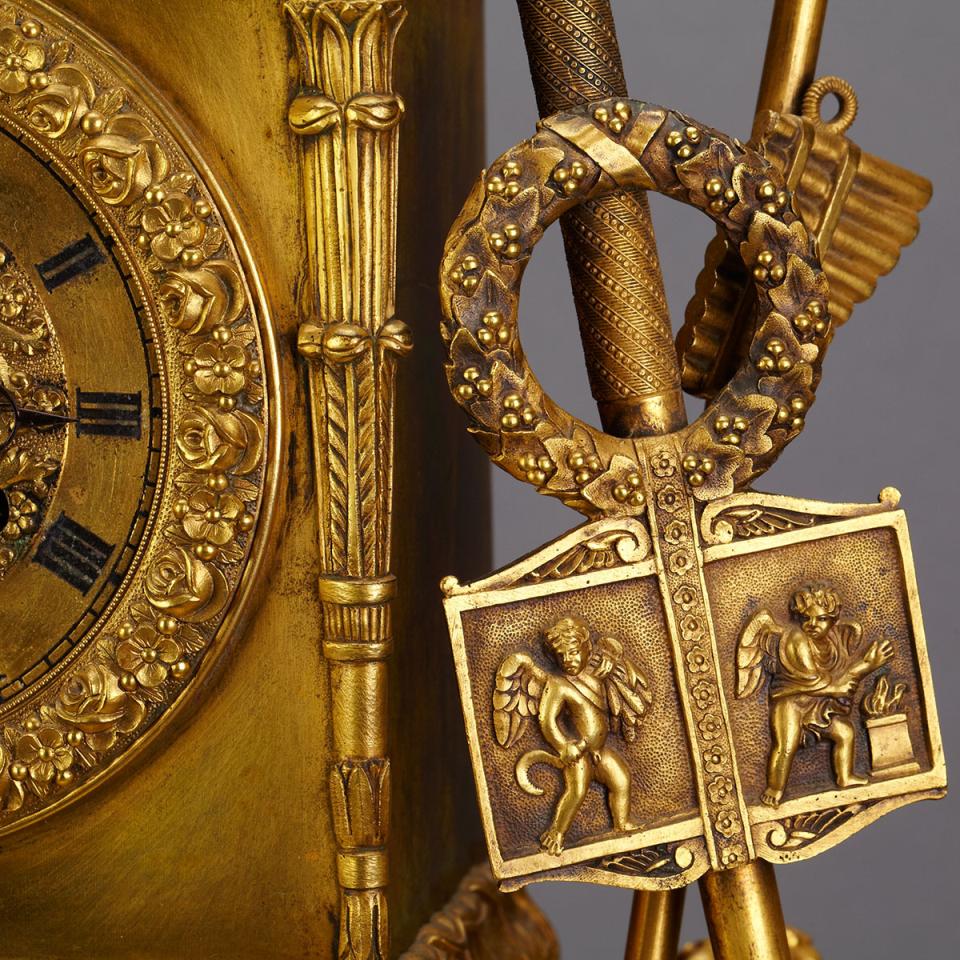 French Empire Gilt Bronze Figural Mantle Clock, early 19th century