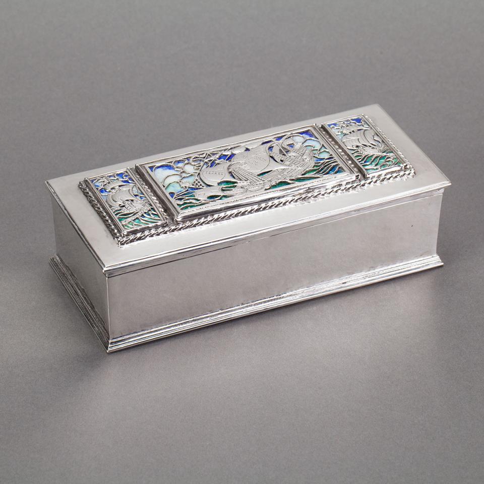 English Silver and Enamel Rectangular Cigar Box, Omar Ramsden, London, 1921