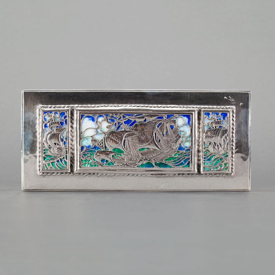 English Silver and Enamel Rectangular Cigar Box, Omar Ramsden, London, 1921
