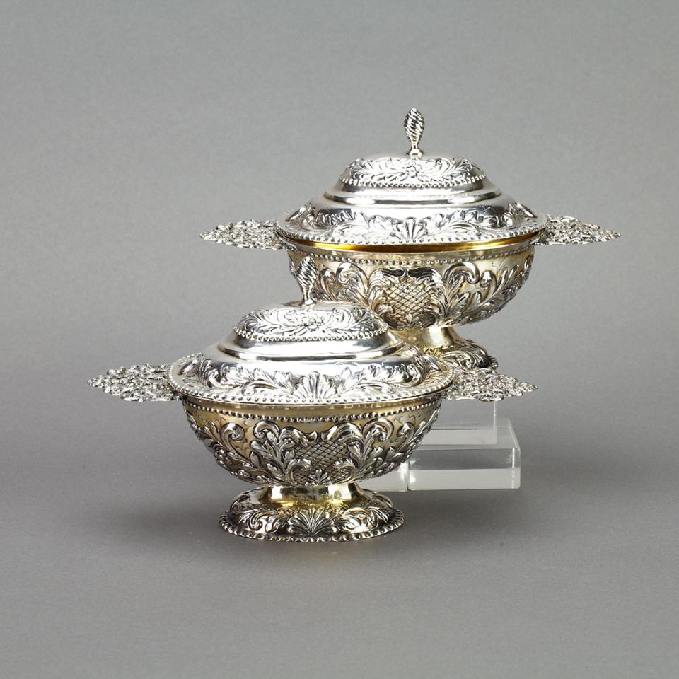 Dutch Silver-Gilt Oval Brandy Bowl, with a Victorian Copy and Pair of Matching Covers, Henry Holland, London, 1877