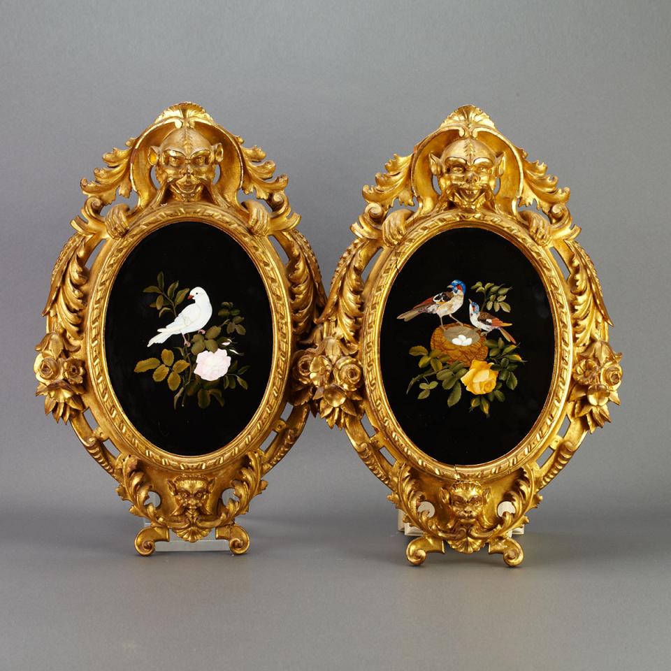 Pair of Italian Pietra Dura Panels in Florentine Carved Giltwood Frames, 19th century