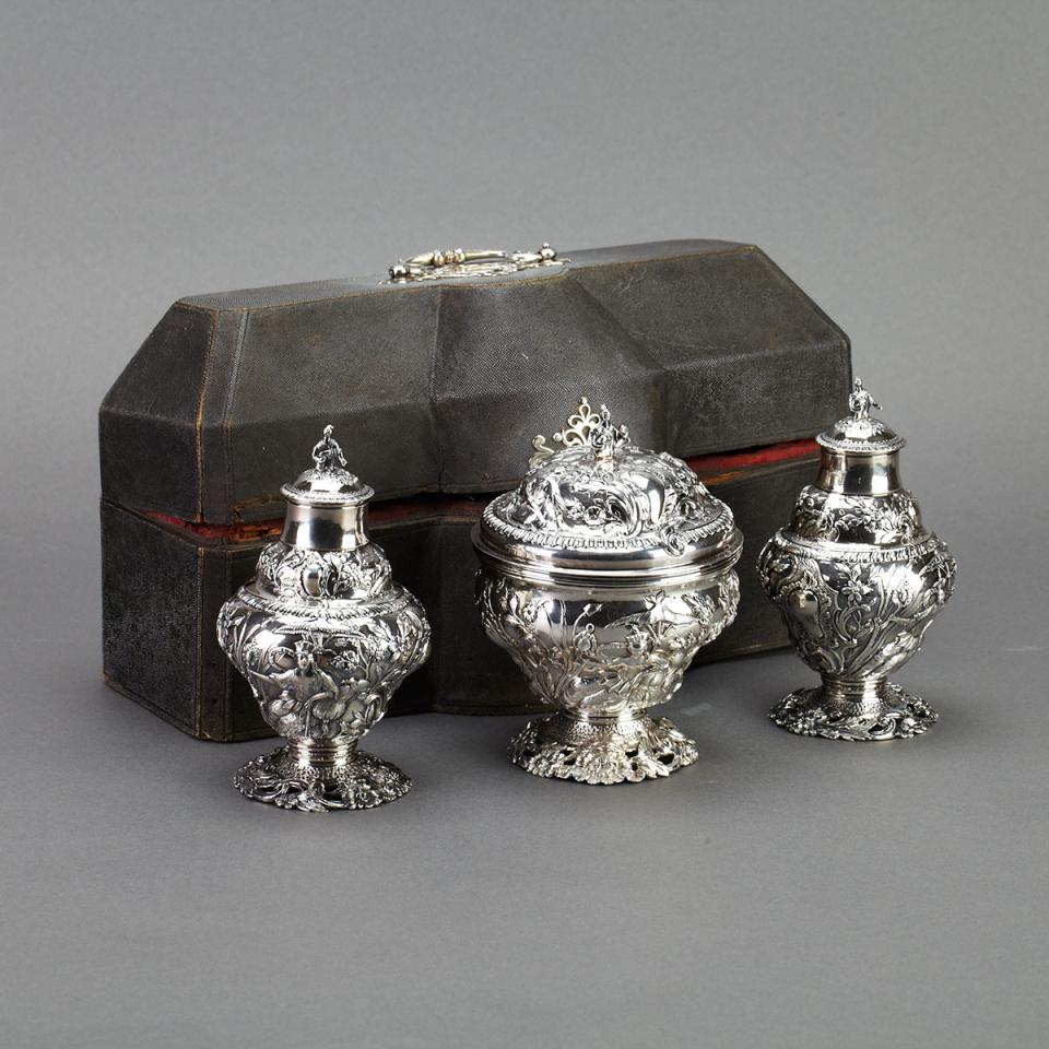 Pair of George III Silver Chinoiserie Tea Caddies and Covered Sugar Bowl, Samuel Taylor, London, 1762