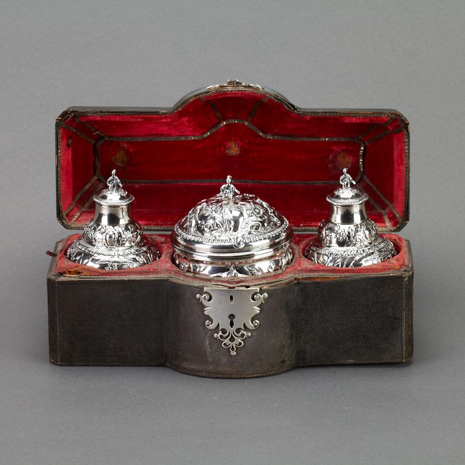 Pair of George III Silver Chinoiserie Tea Caddies and Covered Sugar Bowl, Samuel Taylor, London, 1762