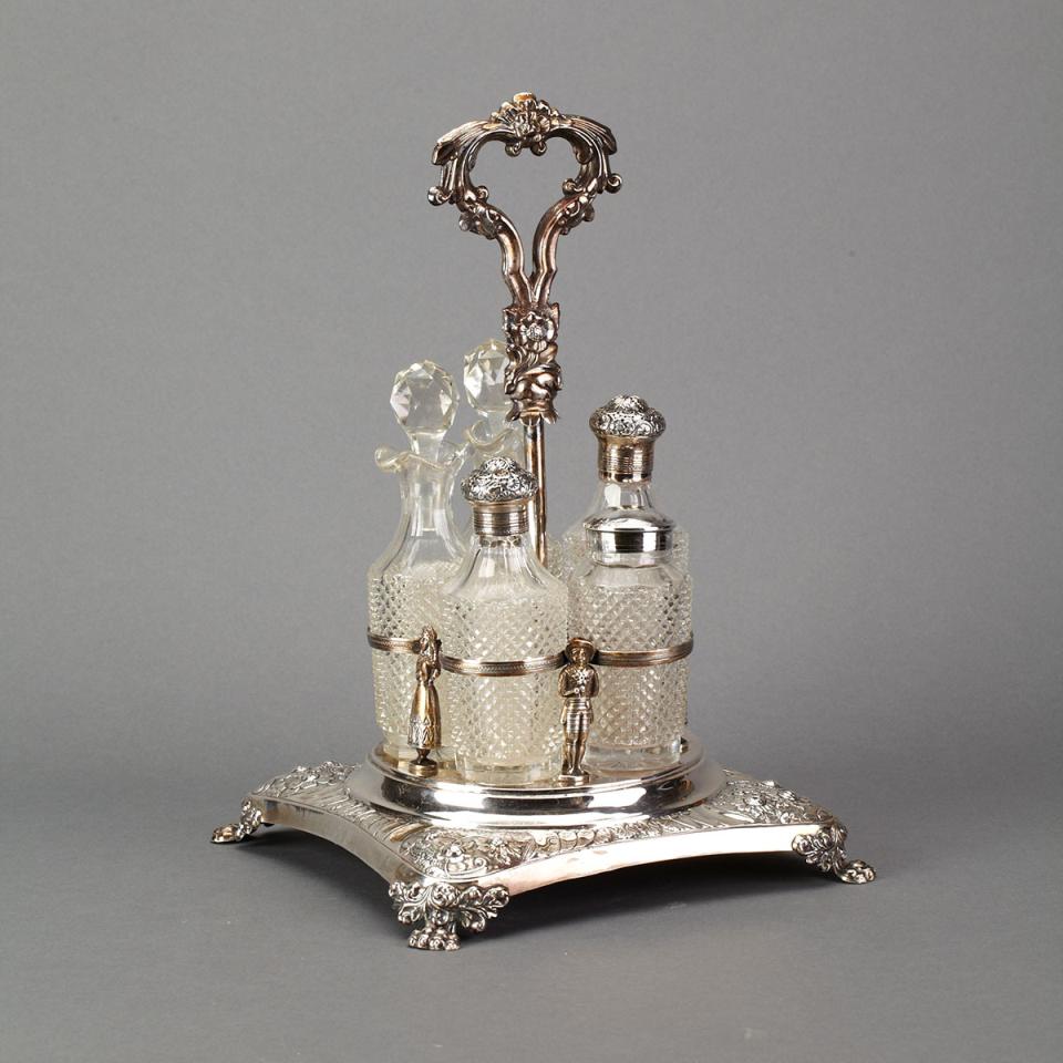 Continental Silver and Cut Glass Five-Bottle Cruet, possibly Danish, early 19th century