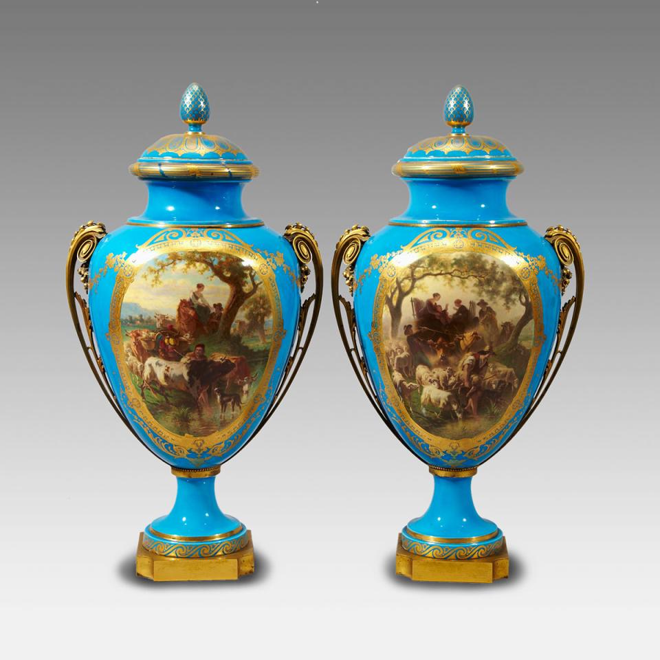 Pair of Ormolu Mounted Sèvres Bleu Celeste Ground Large Vases with Covers, Émile Van Marcke, c.1860