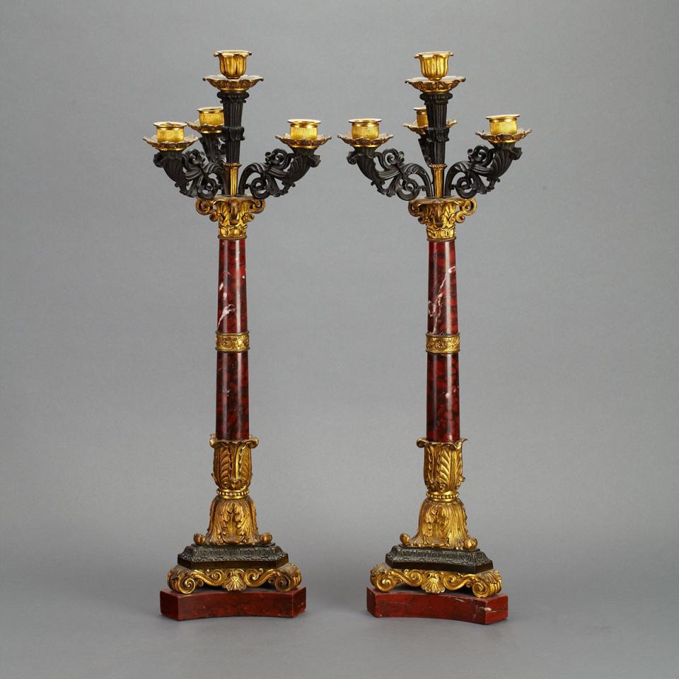 Pair of Charles X Bronze, Gilt Bronze and Rouge Griotte Marble Four Light Candelabra, c.1830
