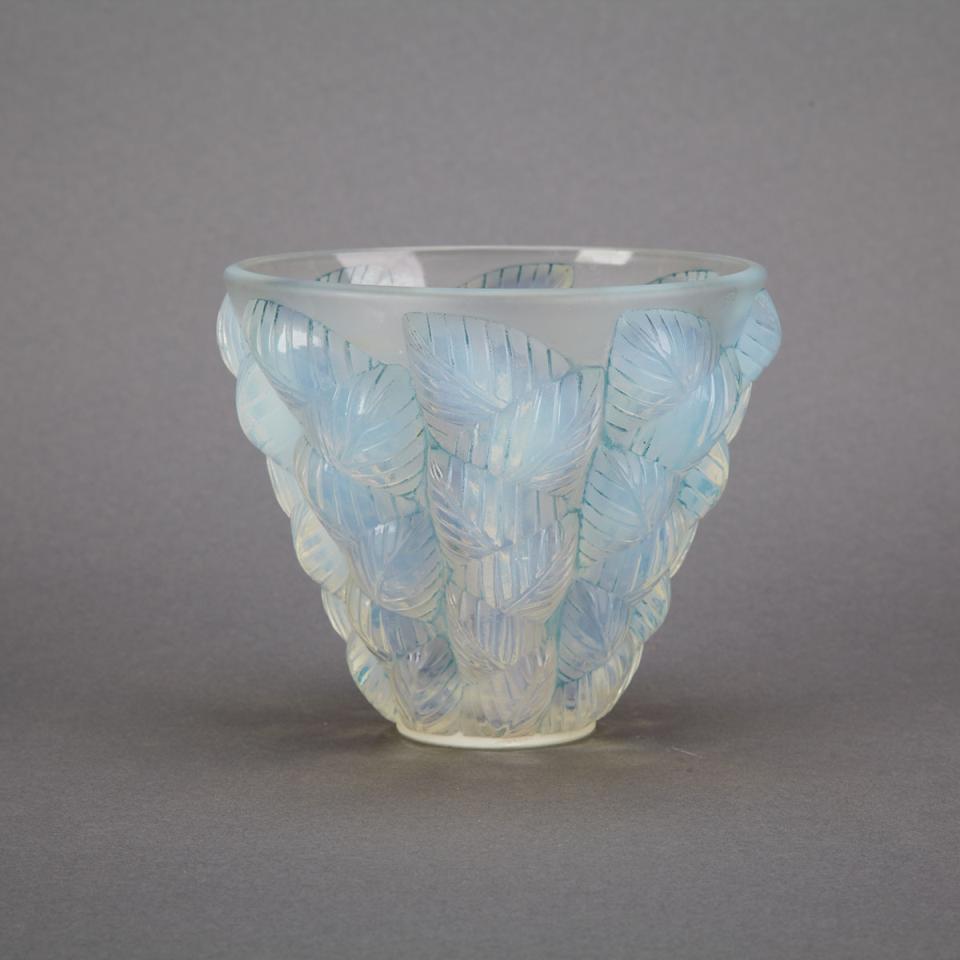 ‘Moissac’, Lalique Moulded and Green Stained Opalescent Glass Vase, c.1930