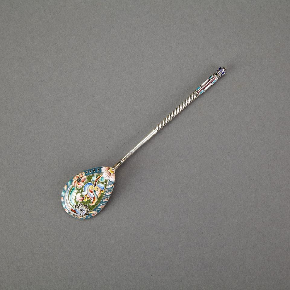 Russian Silver and Cloisonné Enamel Spoon, 20th Artel, Moscow, c.1908-17