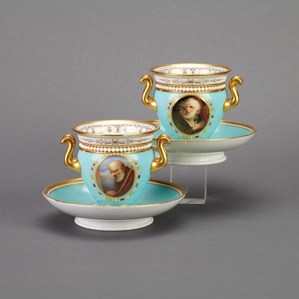 Pair of Flight, Barr & Barr Worcester ‘Jeweled’ Cabinet Cups and Stands, c.1813-20