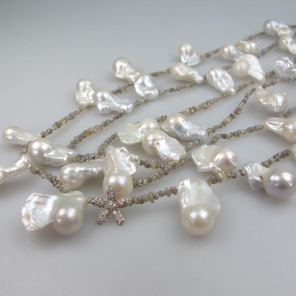 Jaleh Pour 18k White Gold Triple Strand Baroque Pearl and Diamond Rough Necklace